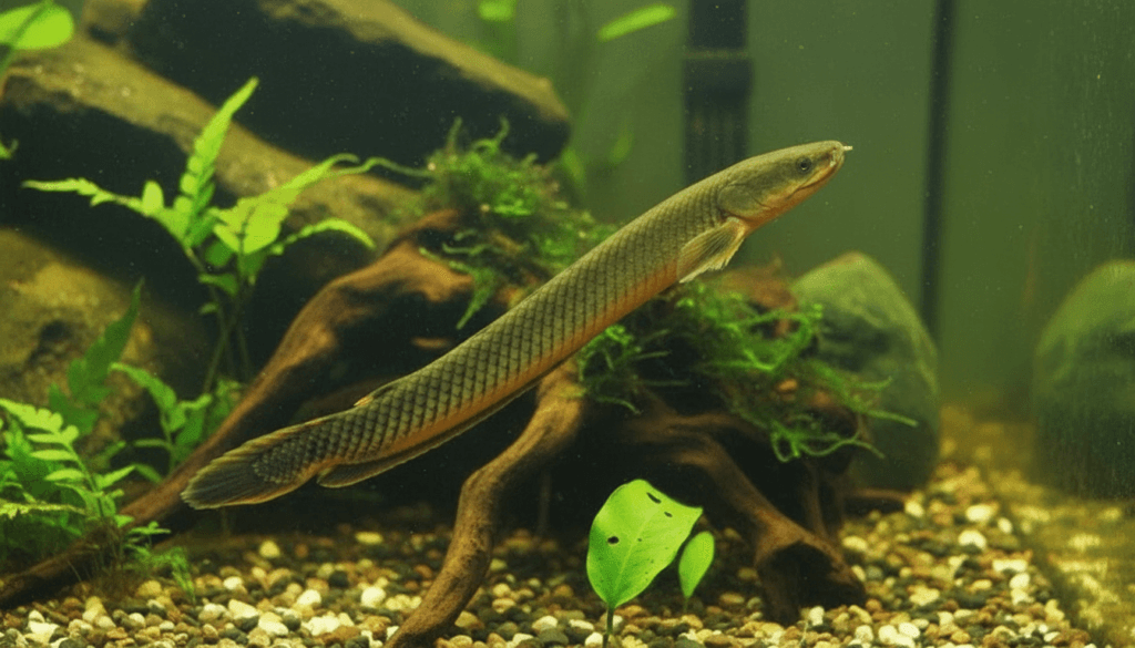 "Rope-fish (Erpetosoma tentaculatum) swimming gracefully in a vibrant home aquarium setting."