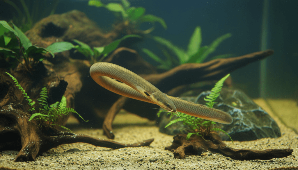 "Rope-fish (Erpetoichthys calabaricus) swimming gracefully in a vibrant aquarium habitat."