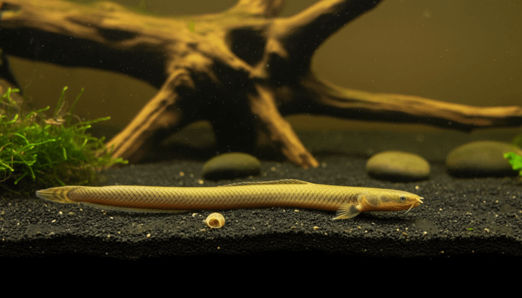 Rope fish (Erpetosuchus marabensis) swimming gracefully in a vibrant home aquarium setting.