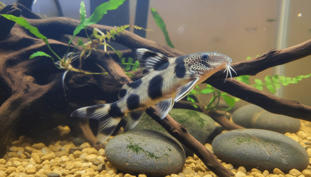 "Colorful Synodontis decorus, also known as the spotted catfish, thriving in an aquarium setting."