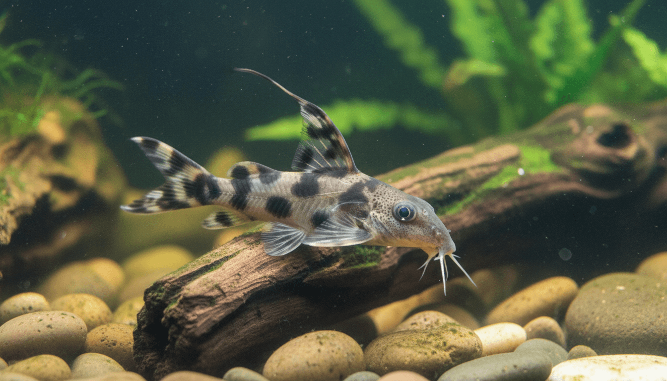 "Synodontis decorus, also known as the striped catfish, swimming in a vibrant aquarium setting."