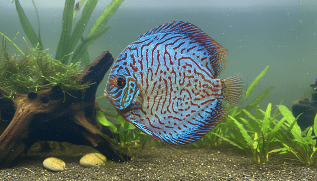 Turquoise-discus (Symphysodon aequifasciatus) swimming gracefully in a vibrant aquarium setting.