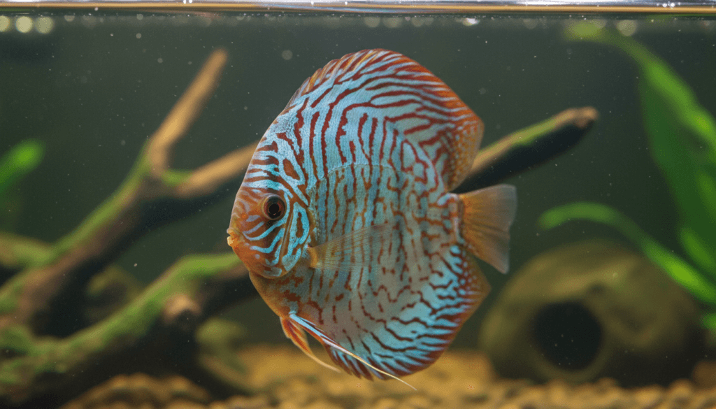 Turquoise discus (Symphysodon aequifasciatus) swimming gracefully in a vibrant aquarium setting.