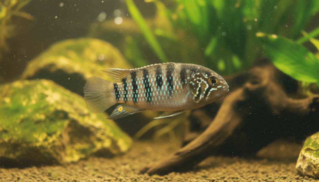 "Zebra Acara (Nannacara adoketa) gracefully swimming in a vibrant aquarium setting."
