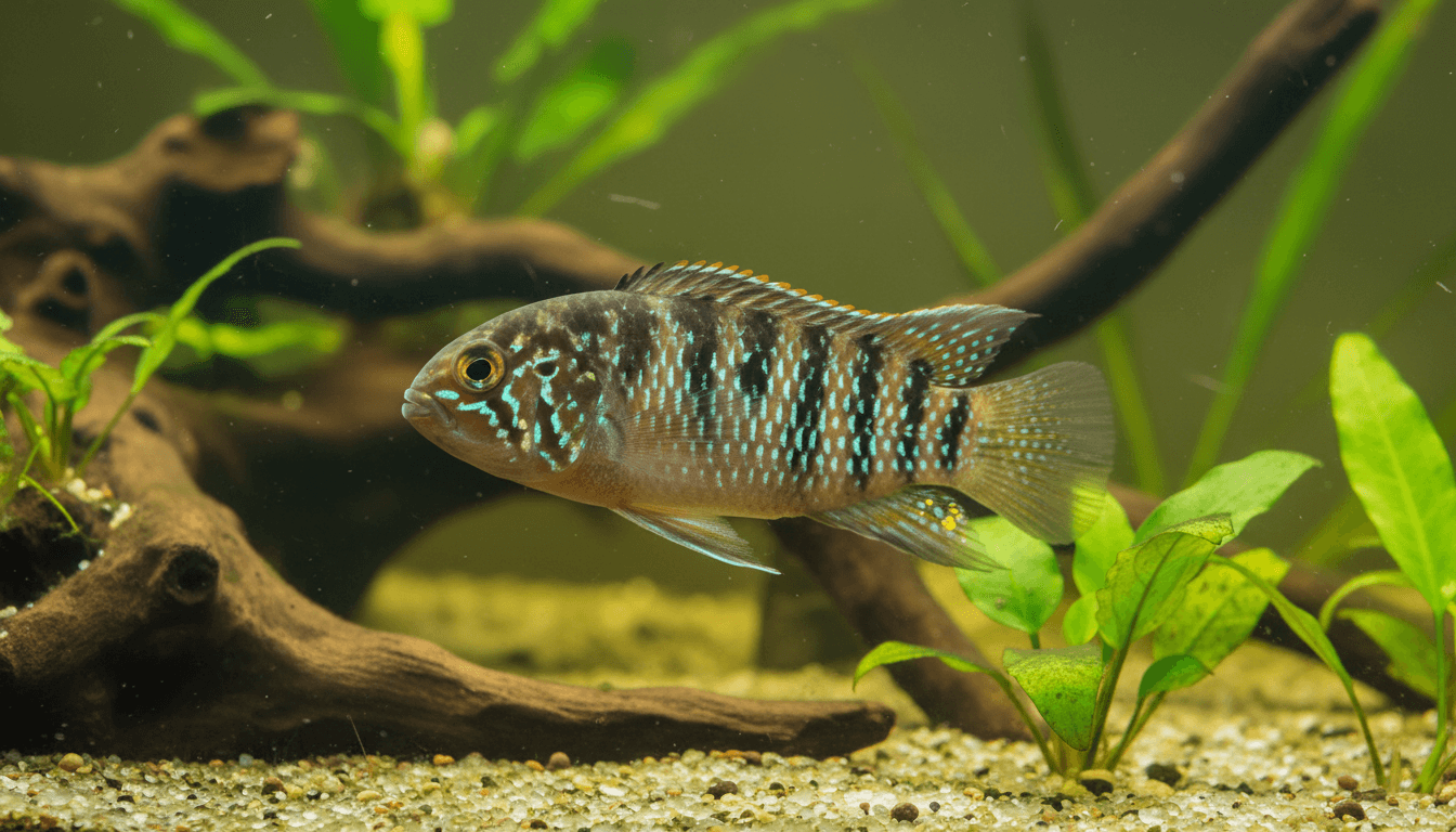 "Zebra Acara (Nannacara adoketa) swimming gracefully in a vibrant home aquarium setting."