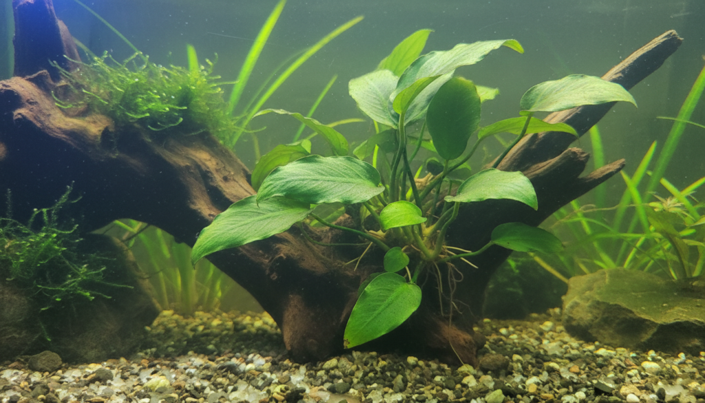 Lush anubias barteri in a vibrant aquarium, showcasing healthy growth of Anubias barteri var. barteri.