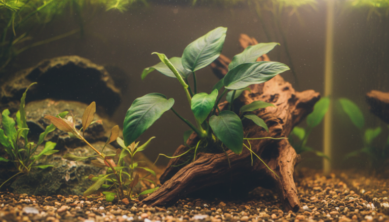 "Anubias barteri, commonly known as Anubias, thriving in a vibrant aquarium setting."