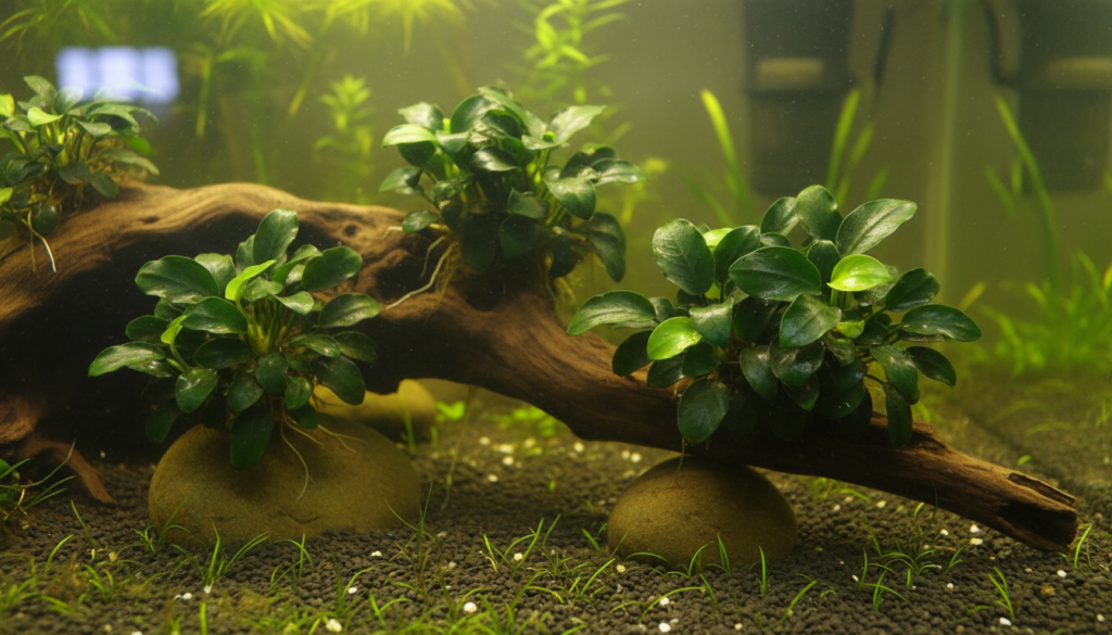 Anubias barteri (Anubias) thriving in a freshwater aquarium, showcasing lush greenery and vibrant aquatic life.