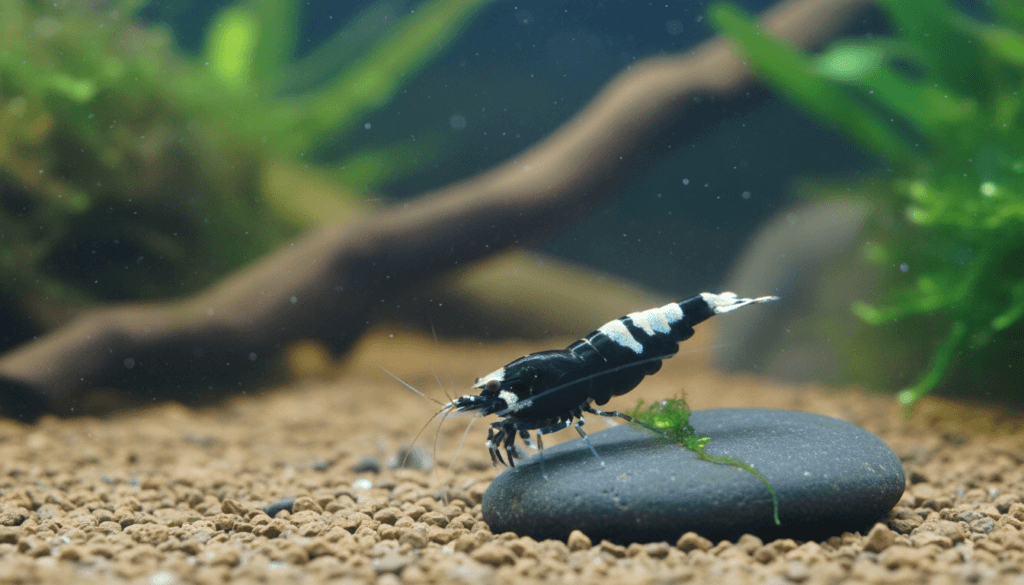 "Close-up of panda shrimp (Caridina sp.) in a vibrant aquarium setting, showcasing its unique colors."