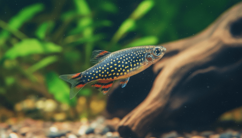 Colorful pearl danio fish in a vibrant aquarium, showcasing its captivating patterns and active nature.