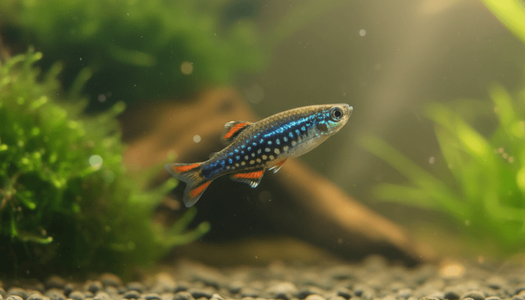 "Close-up of a pearl danio (Danio margaritatus) swimming gracefully in a vibrant aquarium."